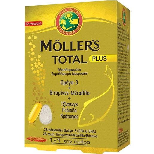 Moller’s Total Plus Ολοκληρωμένο Συμπλήρωμα Διατροφής με Ωμέγα 3 Βιταμίνες & Μέταλλα 28 caps + 28 tabs