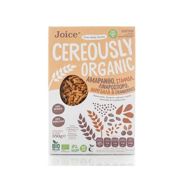 Joice Cereously Organic Δημητριακά με Αμάρανθο Σταφίδα Λιναρόσπορο Αμύγδαλα & Cranberries